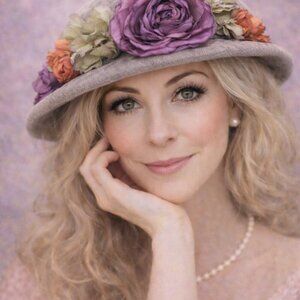 🌸 VTG 80s–90s Corduroy Garden Party Hat Floral Trim